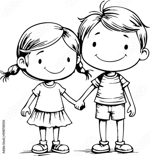 Joyful siblings holding hands in playful sketch, family bonding