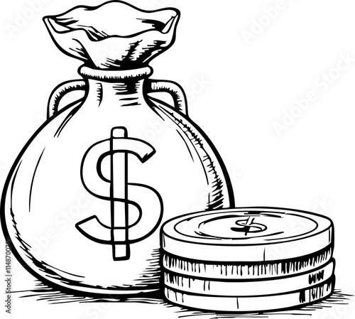 Sketch of money bag and coins on white background, financial concept