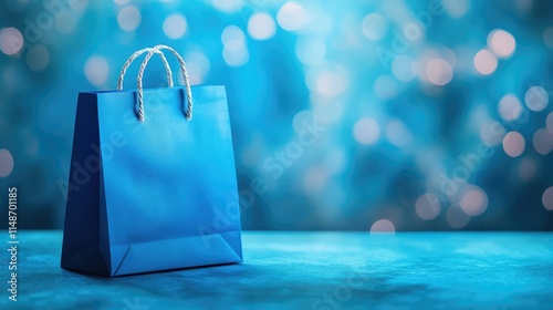 Blue paper shopping bag on blue background with bokeh. Shopping, sale, blue friday concept photo