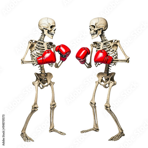 Two skeletons wearing red boxing gloves face each other, preparing to spar. 