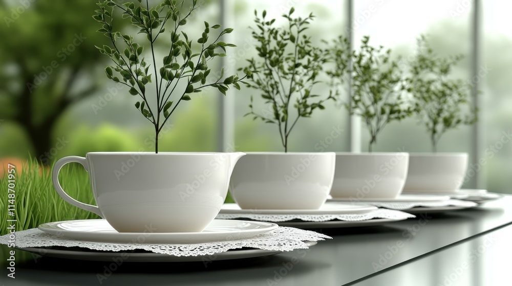 Obraz premium Tea Cups. White ceramic tea cups on saucers with green plant decor, mo