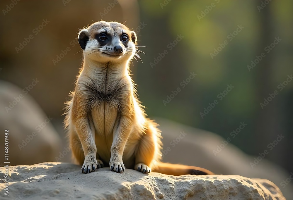 Fototapeta premium Portrait of a meerkat or suricate (Suricata suricatta) sitting on a rock and staring at the camera, imprisoned in Bavaria, Germany.