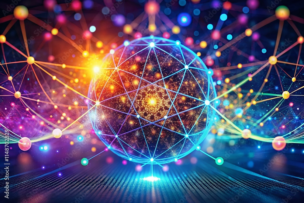 AI Technology Banner: Neon Network Big Data Particle Dots Background - Artificial Intelligence Concept