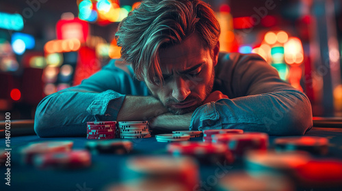 Blurred businessman sitting at a casino table showing frustration and confusion after losing a poker game symbolizing chaos, stress, and the pressure of financial losses in high-stakes environments
