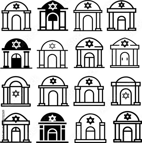 A detailed collection showcasing synagogues' key elements, including the Ark, Bimah, and seating, symbolizing their role in Jewish worship and community life.
