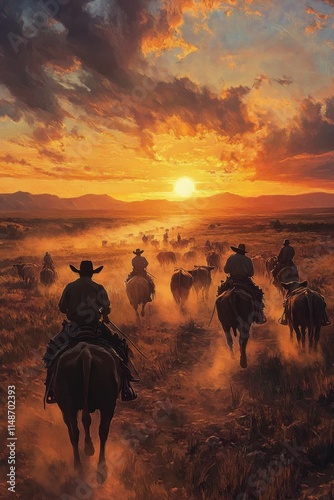 Sunset riders herd cattle homeward, dusty trail.