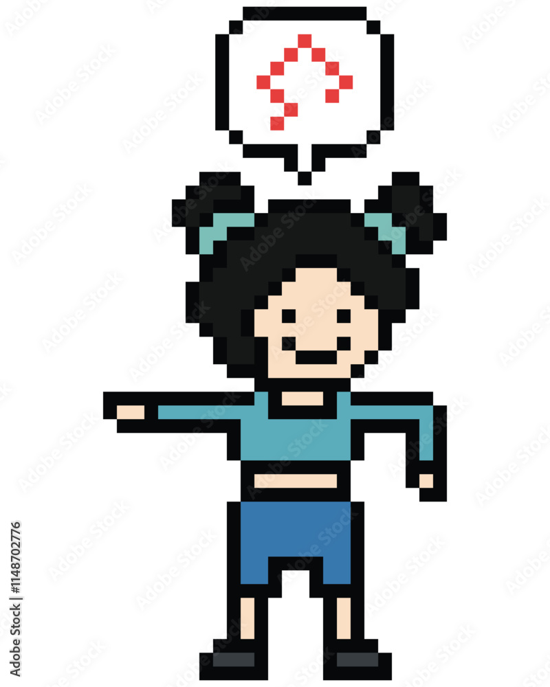 Fototapeta premium Cute pixel cartoon 8bit character woman exercises training dance lifestyle music decoration life style 8 bit female girl dance with music game fitness isolated 8bit PNG vector.