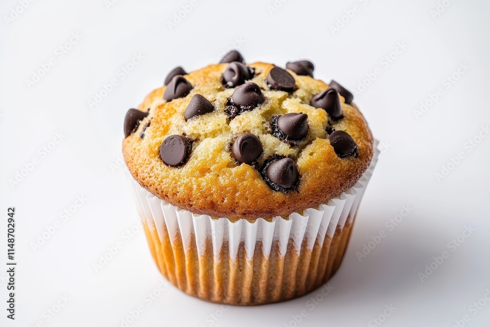 A banana chocolate chip muffin or cupcake in a white cup on a white background It pairs well with coffee or tea for a snack A banana chocolate chip muffin or cupcake in a white cup on a white background It pairs well with coffee or tea for a snack