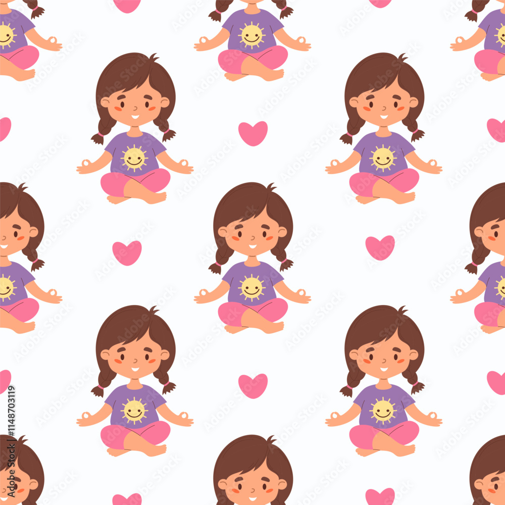 Seamless pattern with cute girl child with braids hairstyle meditating sitting in asana on white background with pink heart. Vector illustration. Kids collection Seamless pattern with cute girl child with braids hairstyle meditating sitting in asana on white background with pink heart. Vector illustration. Kids collection