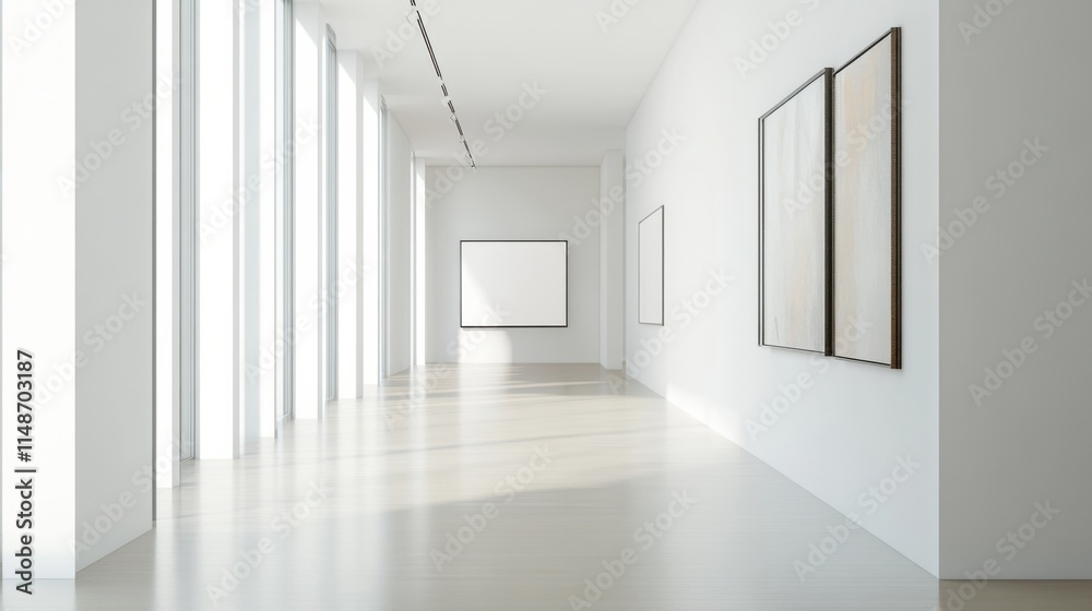 Modern minimalist hallway gallery with clean, elegant design. Featuring neutral tones and sleek displays Modern minimalist hallway gallery with clean, elegant design. Featuring neutral tones and sleek displays