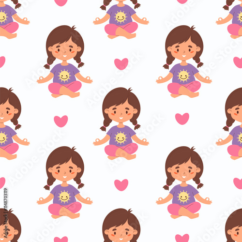 Seamless pattern with cute girl child with braids hairstyle meditating sitting in asana on white background with pink heart. Vector illustration. Kids collection