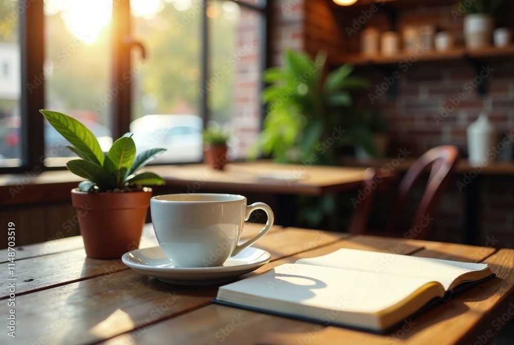 Cozy Cafe Morning: Coffee, Notebook, and Sunlight Cozy Cafe Morning: Coffee, Notebook, and Sunlight