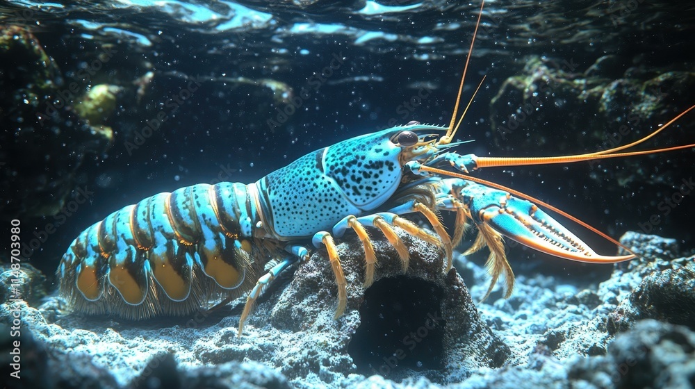 Playful underwater world A lobster hides in crevice