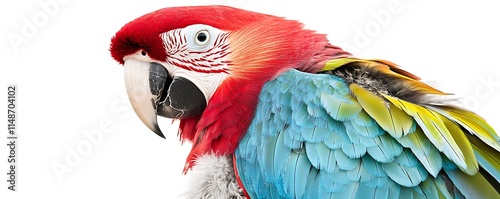 Parrota??s feathers in sharp focus, showcasing intricate details with a clean white backdrop. photo