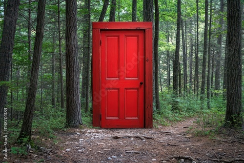 A crimson entrance along a forest path symbolizes faith freedom or opportunity