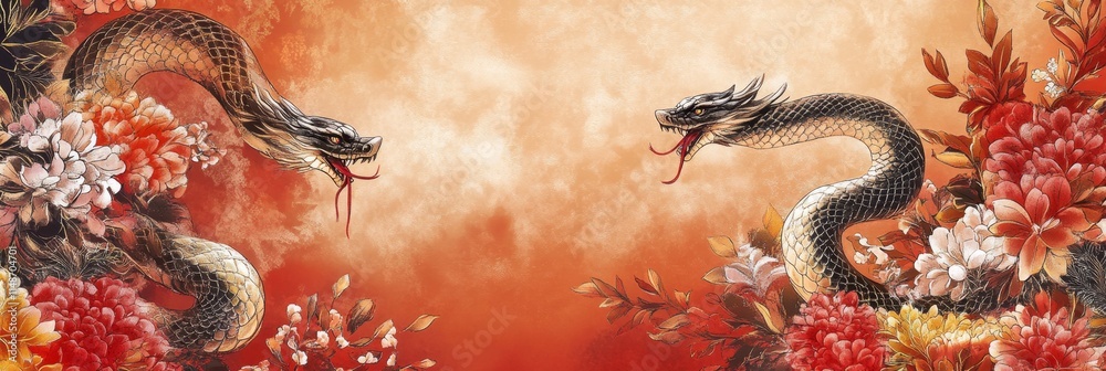 Obraz premium Celebrating Lunar New Year with a mesmerizing snake design surrounded by vibrant floral patterns