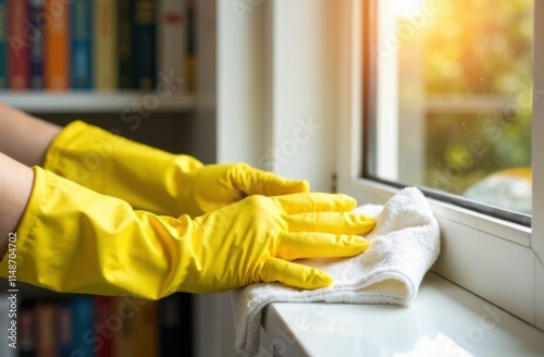 Close up female hand wear rubber latex protective yellow glove cleaning wooden kitchen countertop surface with soft microfiber blue rag. Housekeeping, professional products for cleaning home concept