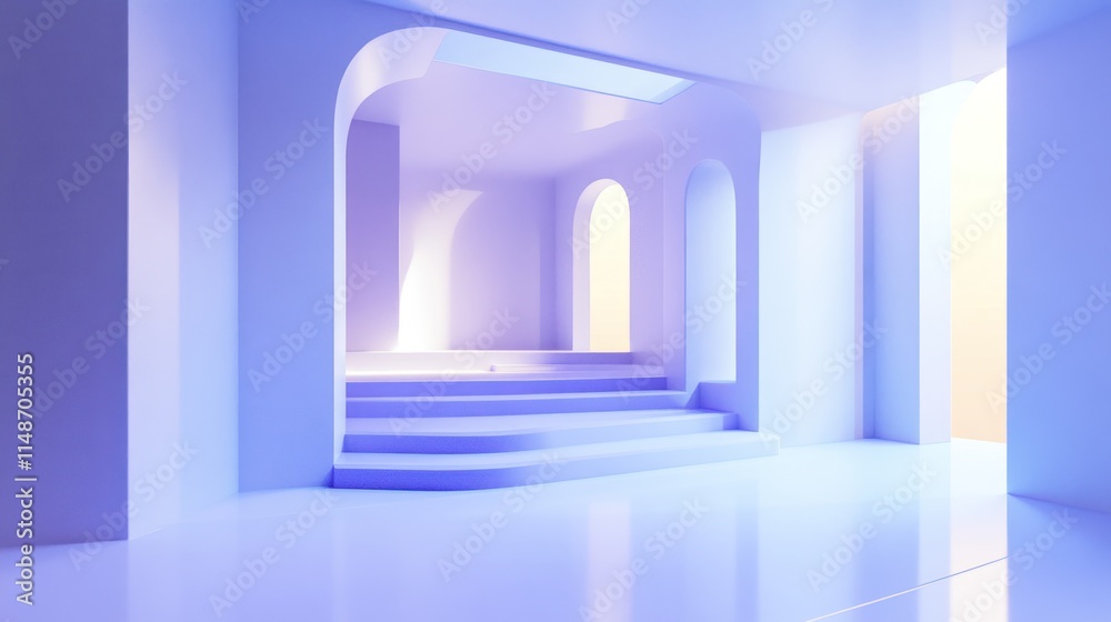 Fototapeta premium Minimalist Purple Architectural Interior with Arches and Stairs