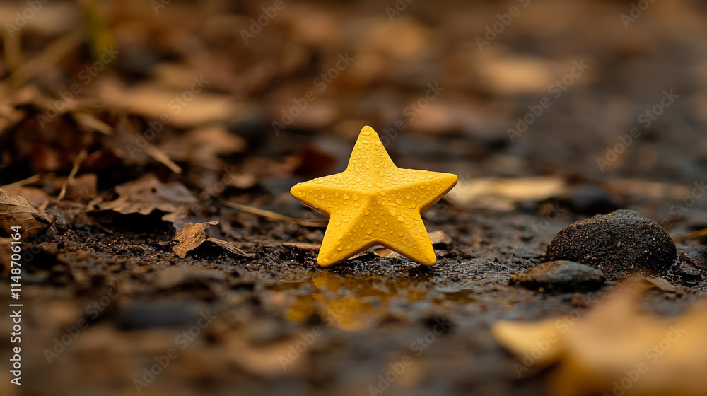 Yellow star resting on wet ground among fallen leaves in a natural setting. Yellow star resting on wet ground among fallen leaves in a natural setting.