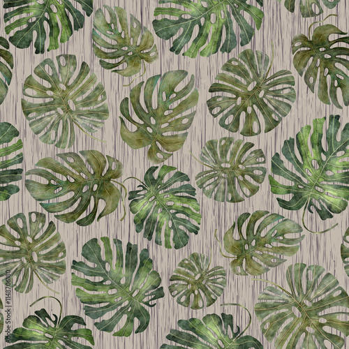 Pattern with hand drawn watercolor monstera leaves on beige background with grey textured lines. 