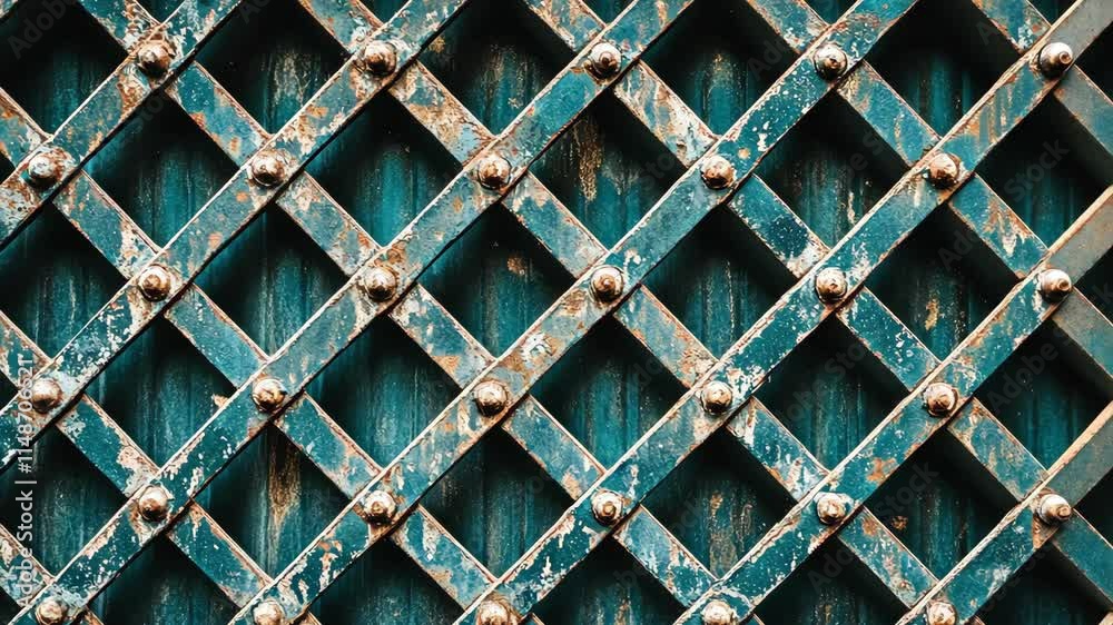 Rustic blue lattice pattern with weathered texture and metal rivets in an urban setting