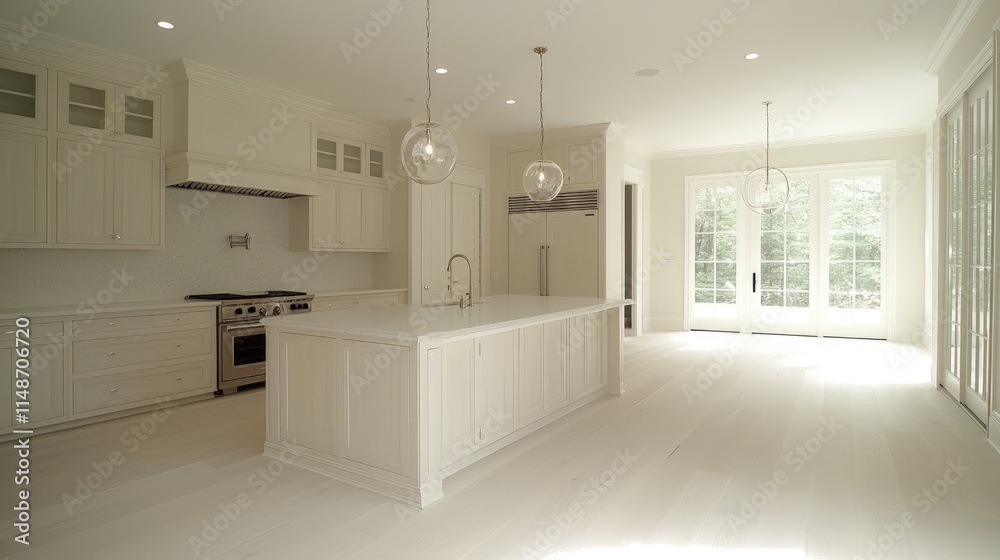 Fototapeta premium Bright, spacious kitchen with white cabinets, island, and hardwood floors, overlooking a garden.