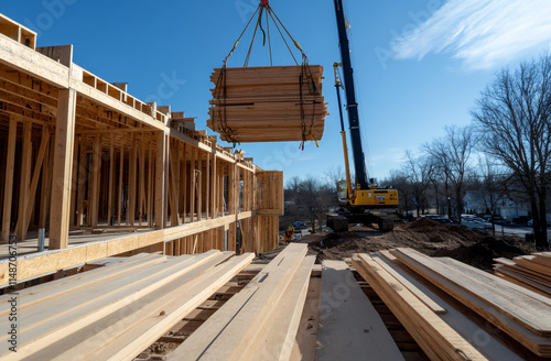 A crane lifting materials to the upper level of a house under construction. photo