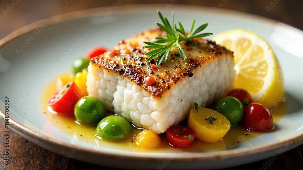 Delicious Sea Bass with Lemon & Veggies - Gourmet Fish Dish, Seafood, Healthy Meal, Restaurant Style, Visual Feast Delicious Sea Bass with Lemon & Veggies - Gourmet Fish Dish, Seafood, Healthy Meal, Restaurant Style, Visual Feast