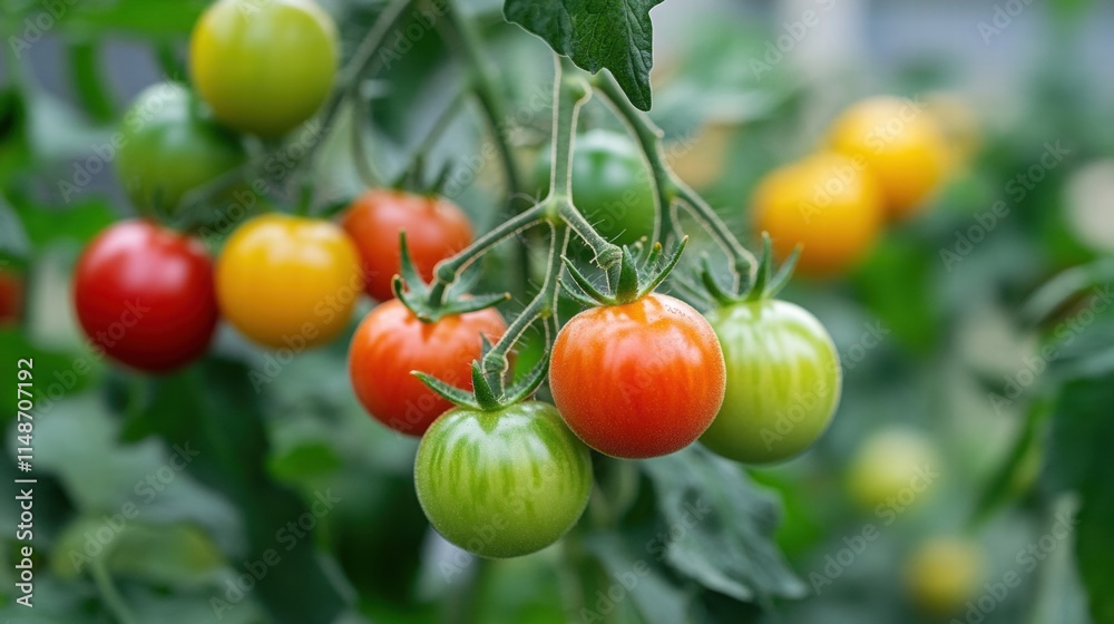 Fresh and Vibrant Tomatoes on the Vine Captivating with Their Vivid Colors of Red, Green, and Yellow Against a Lush Green Background in a Garden Setting Fresh and Vibrant Tomatoes on the Vine Captivating with Their Vivid Colors of Red, Green, and Yellow Against a Lush Green Background in a Garden Setting