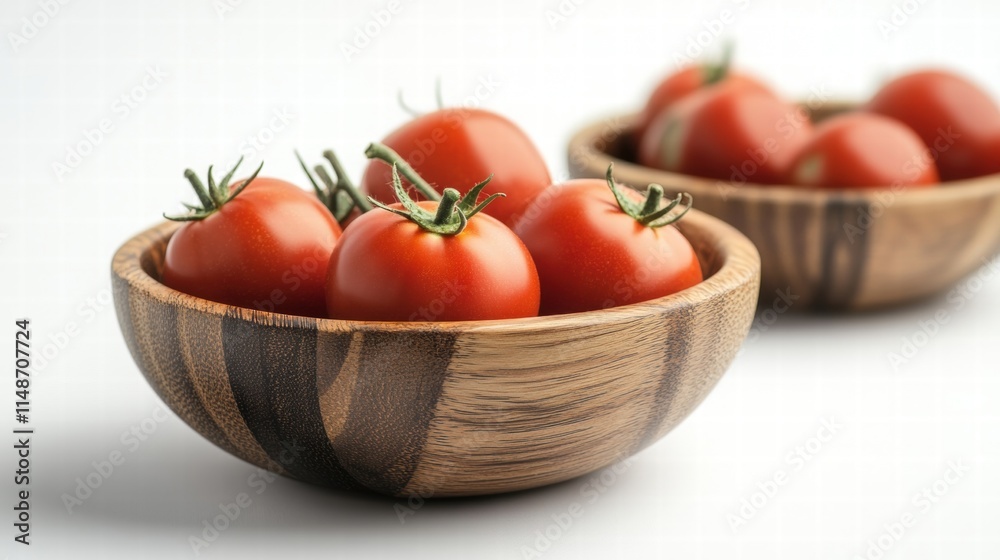 Fresh Red Tomatoes in Natural Wooden Bowls on White Background for Healthy Cooking, Organic Recipes, and Fresh Ingredients in Culinary Arts