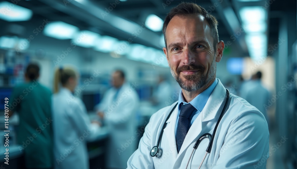 A man in a white lab coat with a stethoscope on his neck A man in a white lab coat with a stethoscope on his neck