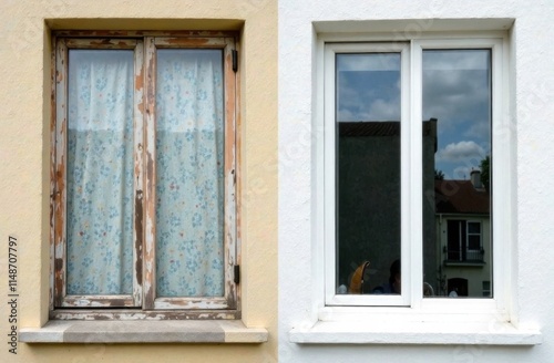 The half of the window on the left is dirty, old, and the window on the right is clean, shiny, new.