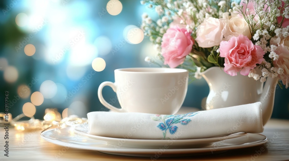 Elegant tea party settings Embroidered linen napkins neatly folded Elegant tea party settings Embroidered linen napkins neatly folded