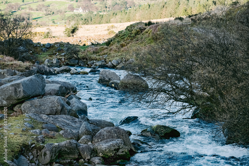 A serene river flows rapidly over large stones, bordered by lush greenery. The peaceful setting showcases rolling hills under a clear sky, inviting relaxation and exploration. A serene river flows rapidly over large stones, bordered by lush greenery. The peaceful setting showcases rolling hills under a clear sky, inviting relaxation and exploration.