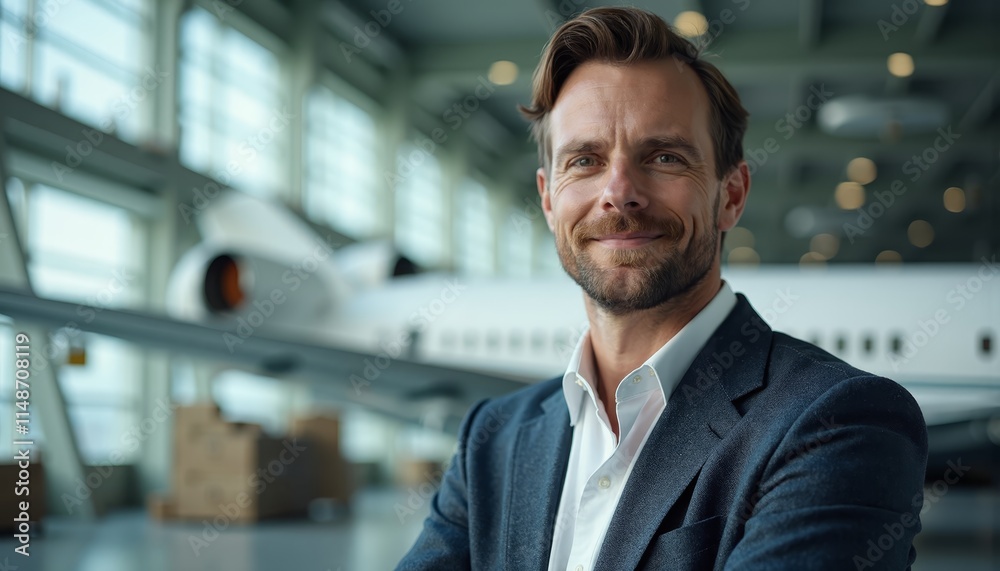 A man in a suit standing in front of an airplane A man in a suit standing in front of an airplane