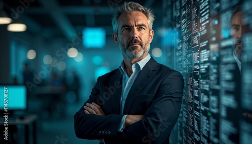 A man in a suit standing in front of a wall of data