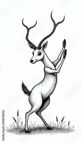 A black and white drawing of an antelope standing on its hind legs photo