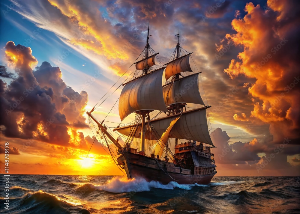 Obraz premium Ancient Caravel Sailing Open Ocean: Dramatic Sunset Landscape