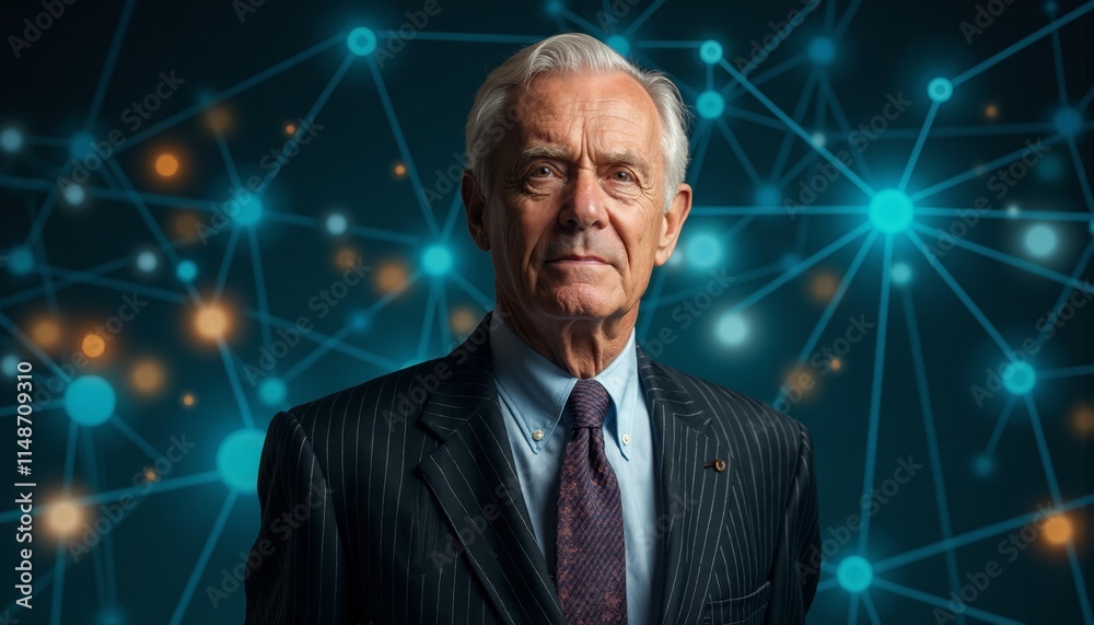 A man in a suit and tie standing in front of a network A man in a suit and tie standing in front of a network