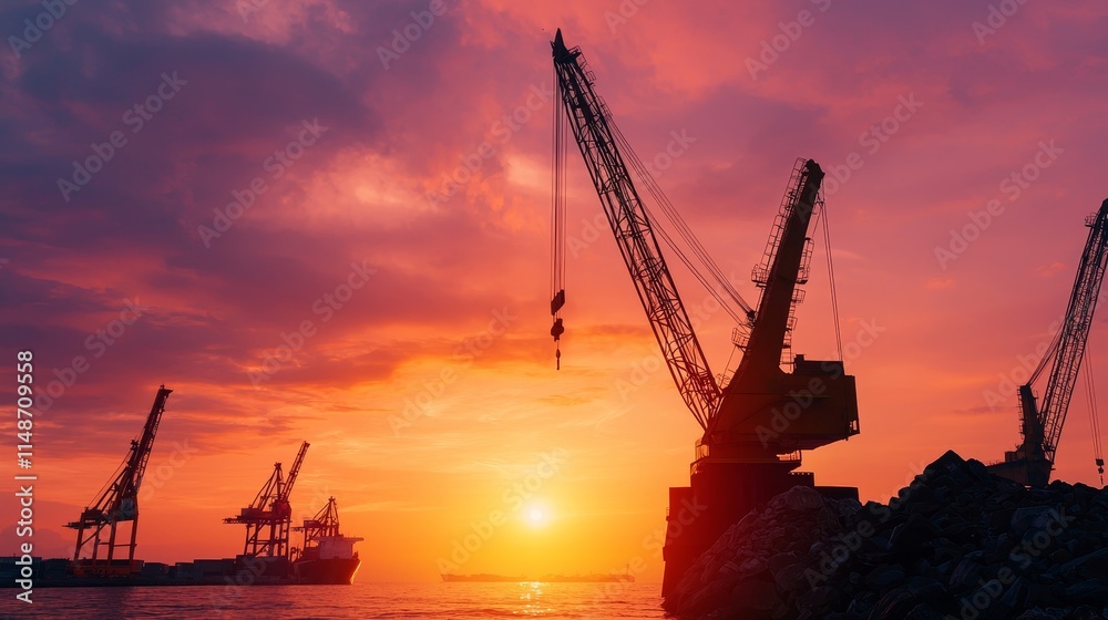 A stunning sunset casts vibrant colors over cranes at a construction site by the water, creating a dramatic industrial landscape. A stunning sunset casts vibrant colors over cranes at a construction site by the water, creating a dramatic industrial landscape.