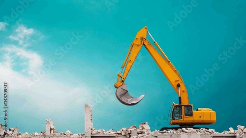 A bright yellow excavator demolishing debris under a clear blue sky, showcasing heavy machinery in construction and demolition work. photo