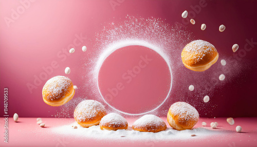 A pastel pink background featuring flying pączki with powdered sugar effects, complemented by an empty circle for customizable text or graphics. photo