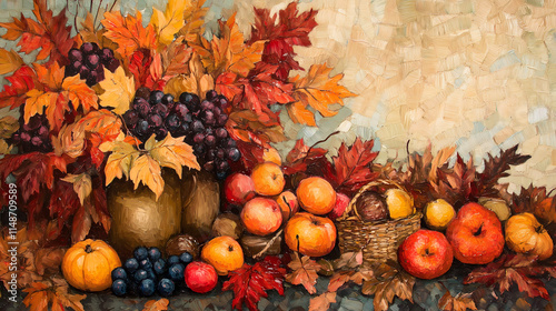 Autumn harvest display featuring colorful fruits and vibrant leaves in a rustic setting