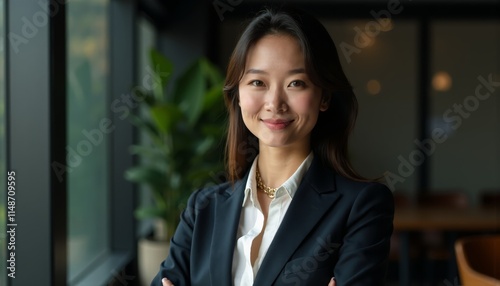 A woman in a business suit standing in front of a window