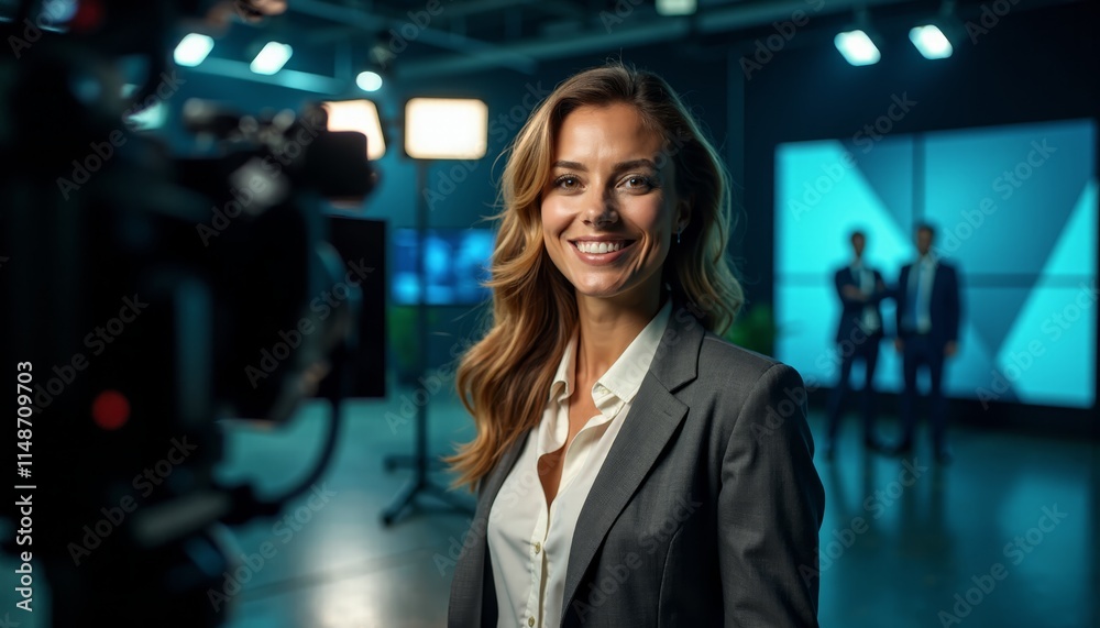 A woman in a business suit standing in front of a camera A woman in a business suit standing in front of a camera