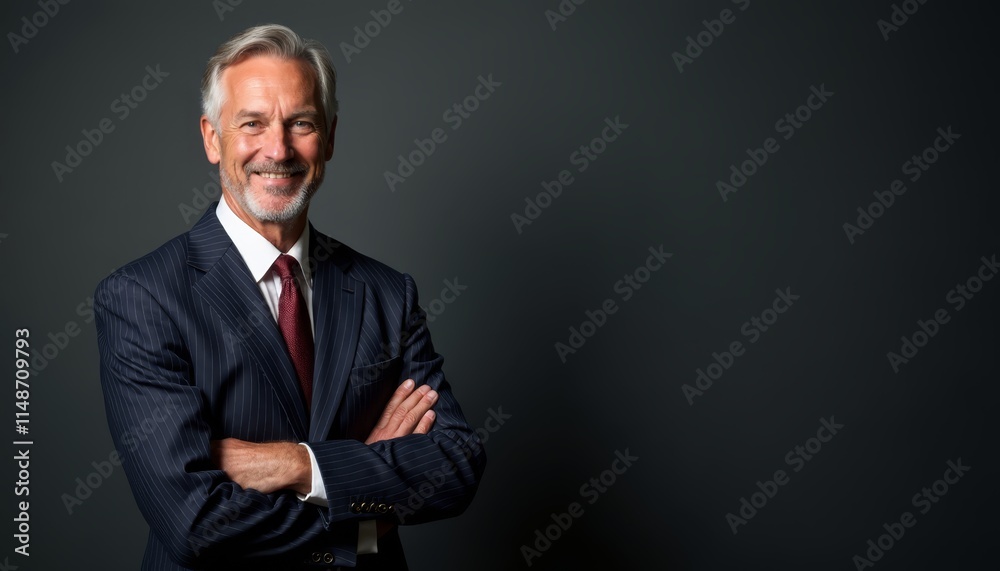 A man in a suit and tie standing with his arms crossed A man in a suit and tie standing with his arms crossed