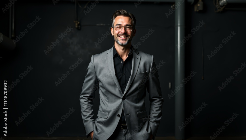 A man in a gray suit and black shirt smiles at the camera A man in a gray suit and black shirt smiles at the camera