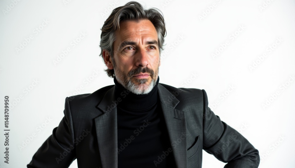 A man in a black suit and black turtle neck sweater A man in a black suit and black turtle neck sweater