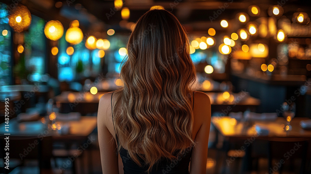 Back view of a woman with shiny straight keratin-treated brown hair minimalistic empty background space ideal for adding text emphasizes elegance simplicity and focus on natural beauty Back view of a woman with shiny straight keratin-treated brown hair minimalistic empty background space ideal for adding text emphasizes elegance simplicity and focus on natural beauty