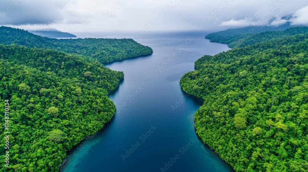 Aerial view of lush green forests surrounding a serene, winding river under a cloudy sky. Aerial view of lush green forests surrounding a serene, winding river under a cloudy sky.